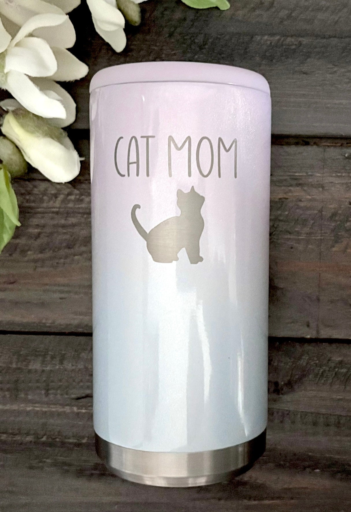 Engraved Skinny Stainless Steel Can Holder - Cat Mom