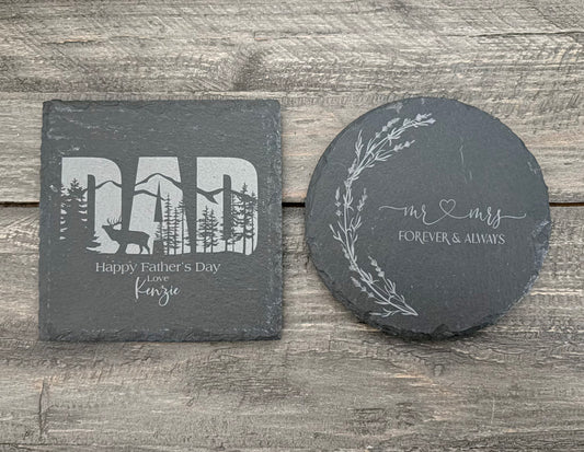 Personalized Natural Slate Coasters with Holder - 2 Shapes