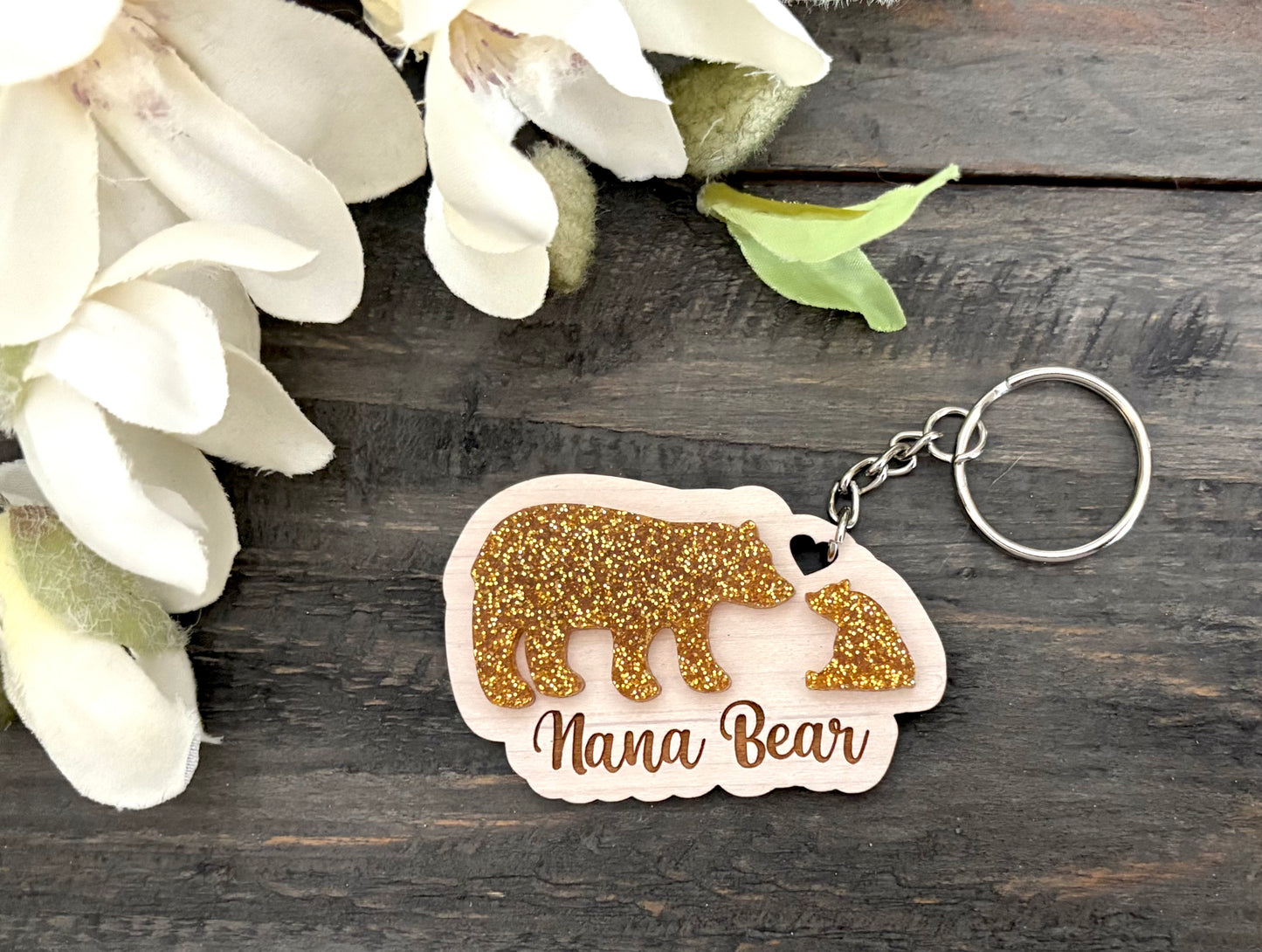 Silhouette Glitter Acrylic Wooden Keychains - Nana & Baby Bear