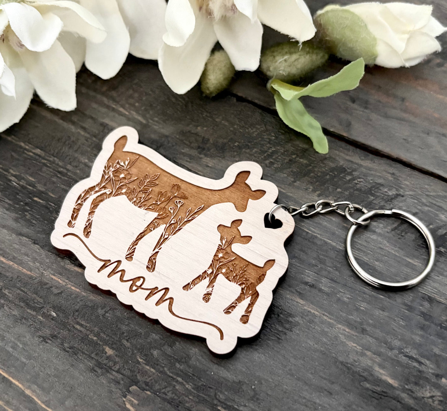 Silhouette Wooden Keychain - Floral Mama & Baby Deer