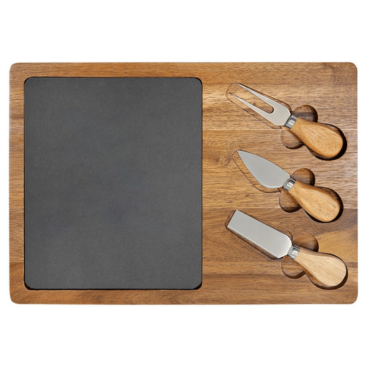 Personalized Acacia Wood & Slate Serving Board Cheese Set with Tools - 2 Styles