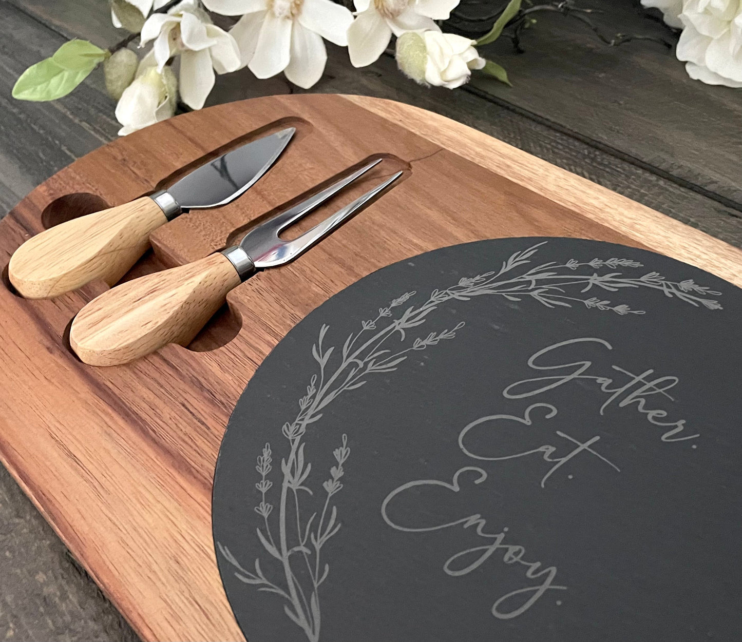 Acacia Wood & Slate Serving Board Cheese Set with Tools - Gather Eat Enjoy