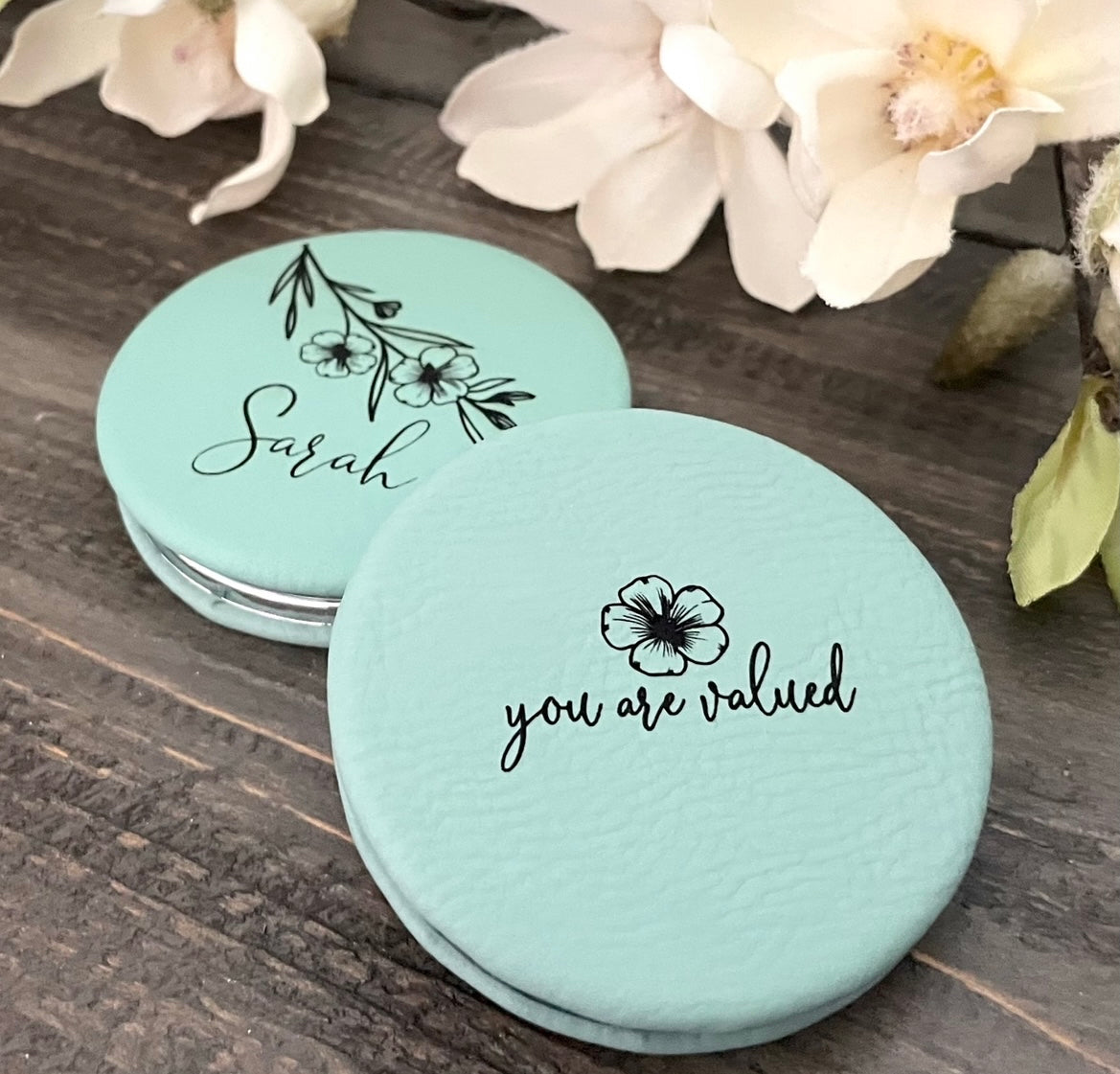 Engraved Leatherette Compact Mirrors - 10 Colours