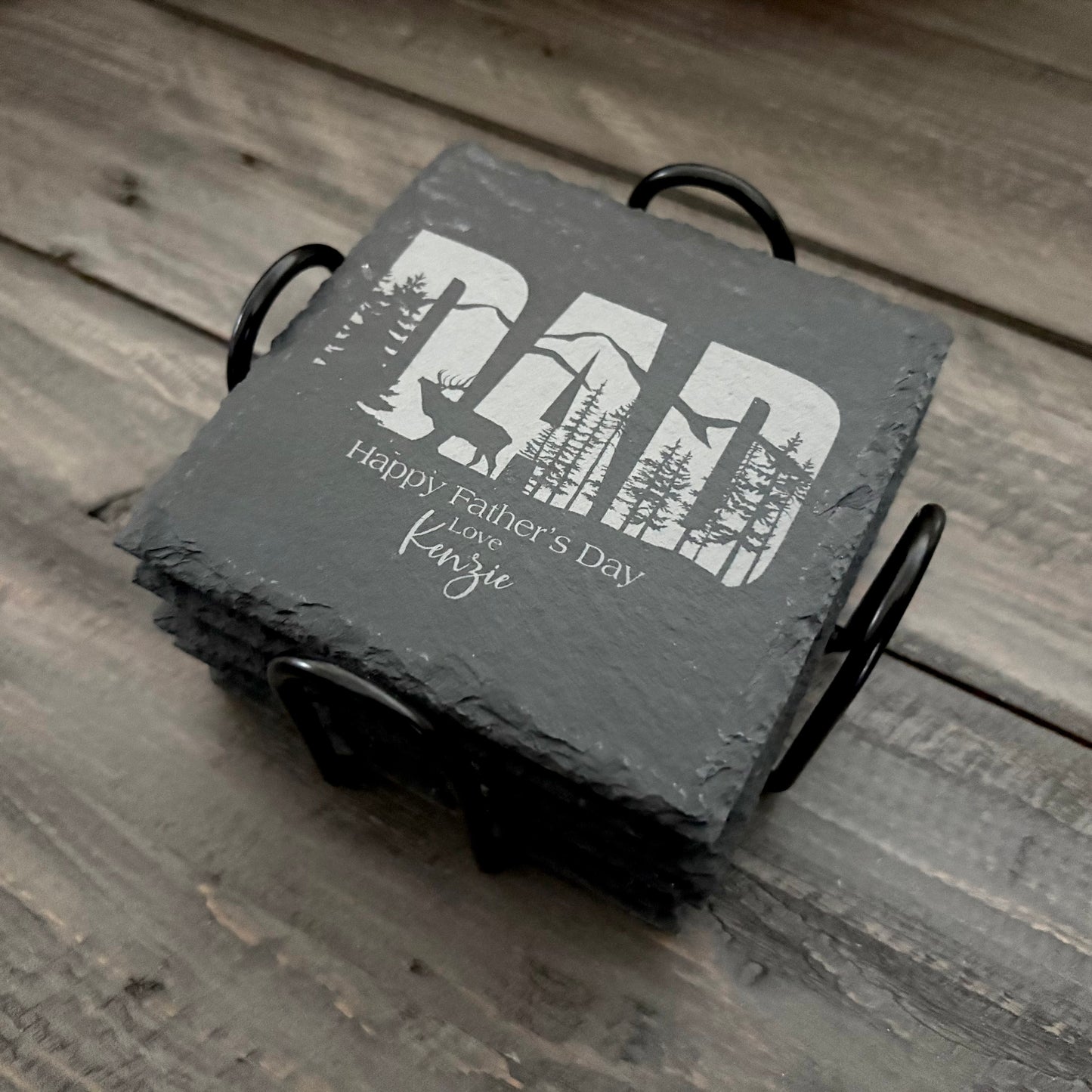 Personalized Natural Slate Coasters with Metal Holder - 2 Shapes
