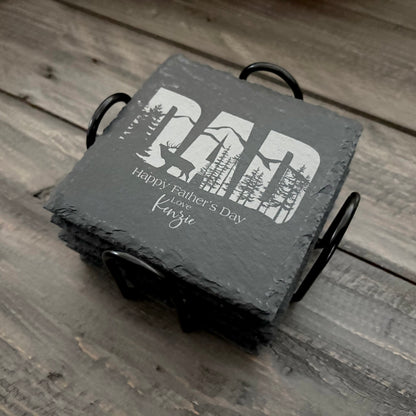 Personalized Natural Slate Coasters with Metal Holder - 2 Shapes