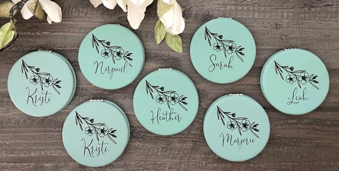 Engraved Leatherette Compact Mirrors - 10 Colours