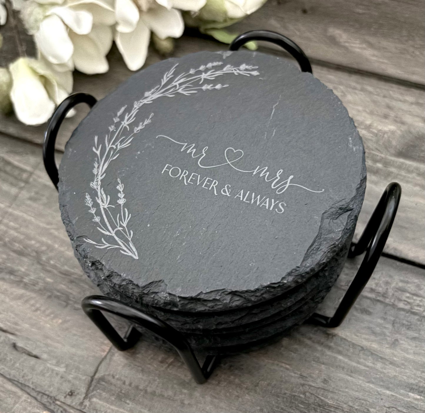 Personalized Natural Slate Coasters with Metal Holder - 2 Shapes