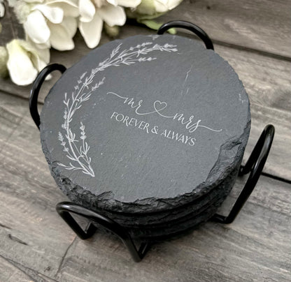 Personalized Natural Slate Coasters with Metal Holder - 2 Shapes
