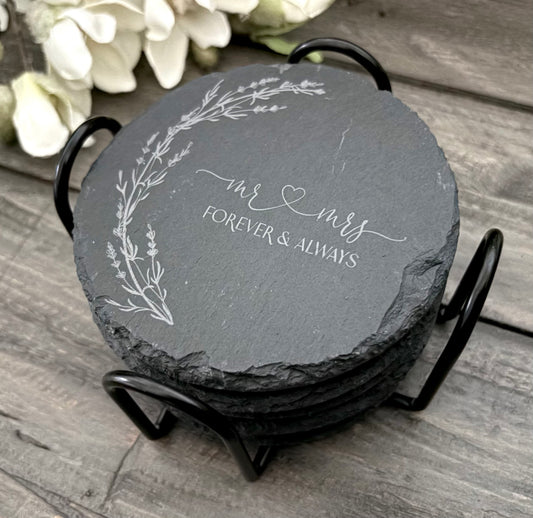 Personalized Natural Slate Coasters with Holder - 2 Shapes