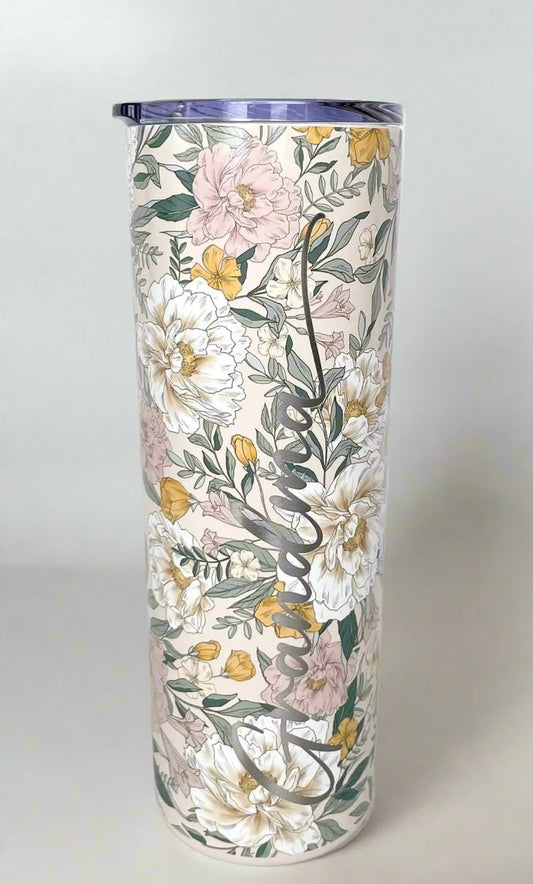 Engraved 20oz Skinny Stainless Steel Tumbler - Floral Grandma