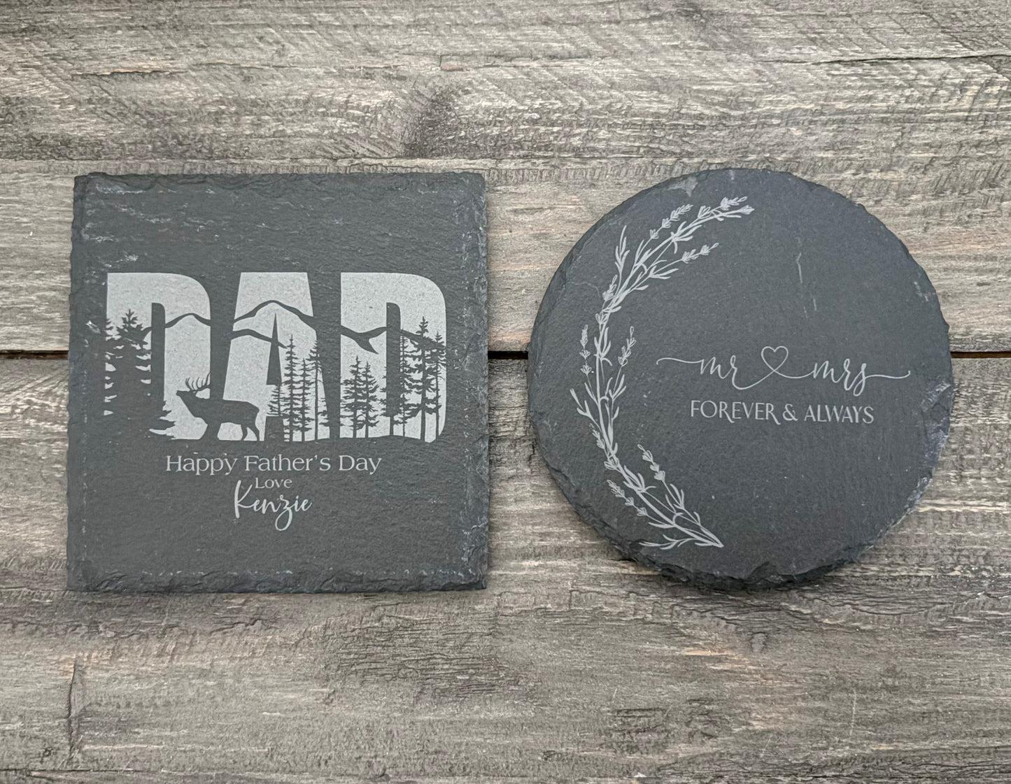 Personalized Natural Slate Coasters with Metal Holder - 2 Shapes
