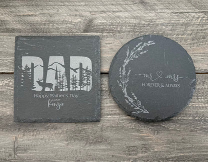 Personalized Natural Slate Coasters with Metal Holder - 2 Shapes