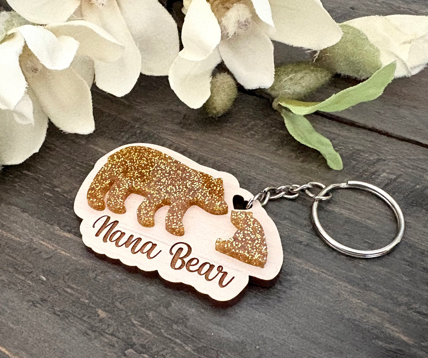 Silhouette Glitter Acrylic Wooden Keychains - Nana & Baby Bear