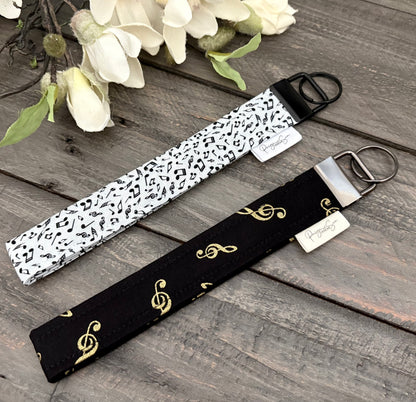 Wristlet Key Fob Strap - Black & Gold Treble Clefs