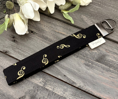 Wristlet Key Fob Strap - Black & Gold Treble Clefs