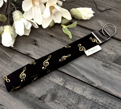Wristlet Key Fob Strap - Black & Gold Treble Clefs