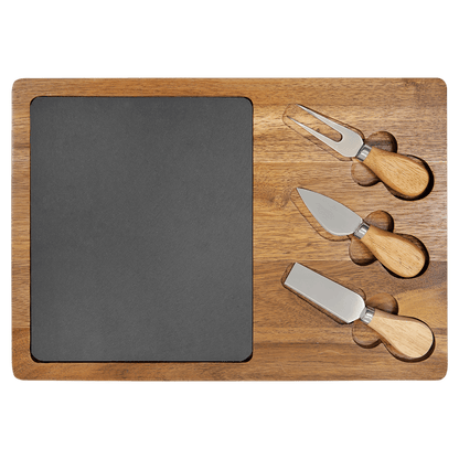 Personalized Acacia Wood & Slate Serving Board Cheese Set with Tools - 2 Styles