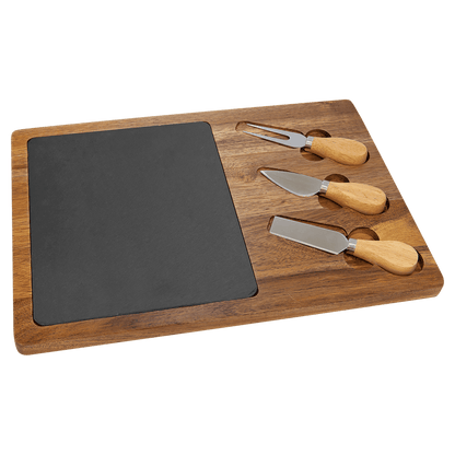 Personalized Acacia Wood & Slate Serving Board Cheese Set with Tools - 2 Styles