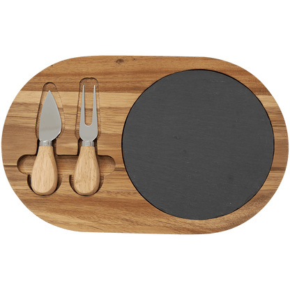 Personalized Acacia Wood & Slate Serving Board Cheese Set with Tools - 2 Styles