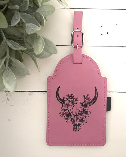 Leatherette Golf Bag Tags with Tees - Floral Cow Skull