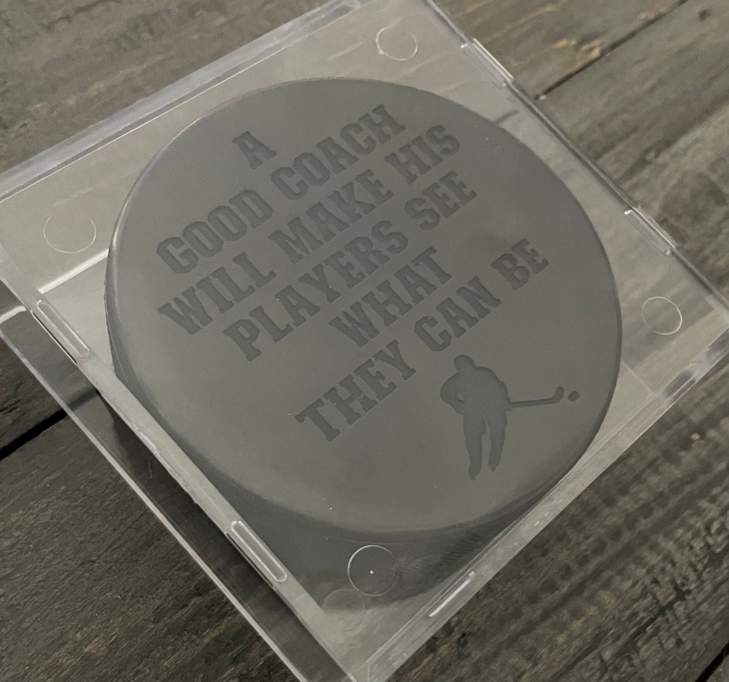 Engraved Inglasco Hockey Puck with Display Case - A Good Coach