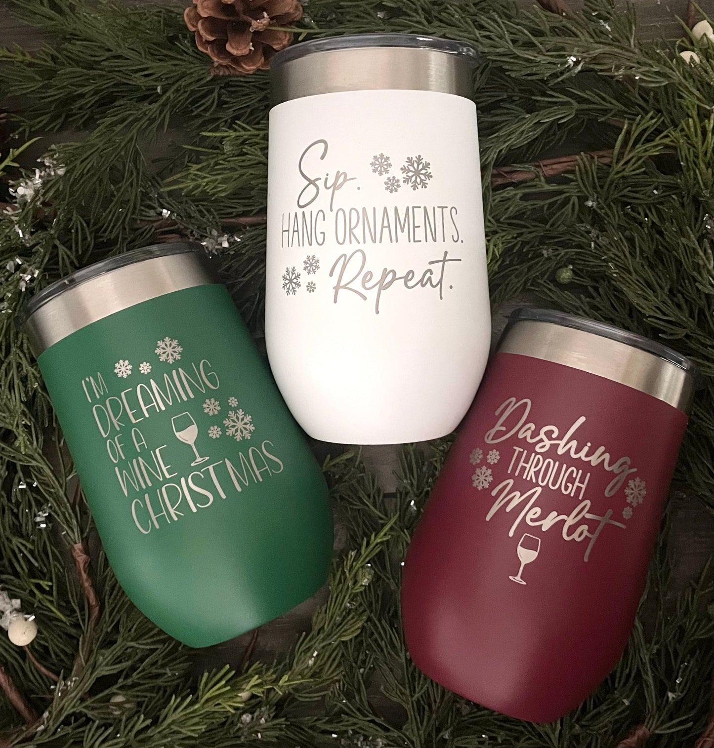16oz Stainless Steel Stemless Wine Tumblers - Christmas Phrases