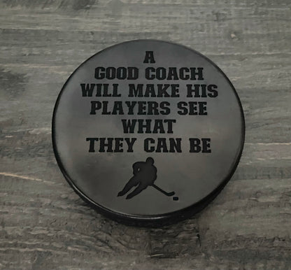 Engraved Inglasco Hockey Puck with Display Case - A Good Coach