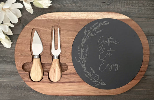 Acacia Wood & Slate Serving Board Cheese Set with Tools - Gather Eat Enjoy
