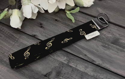 Wristlet Key Fob Strap - Black & Gold Treble Clefs