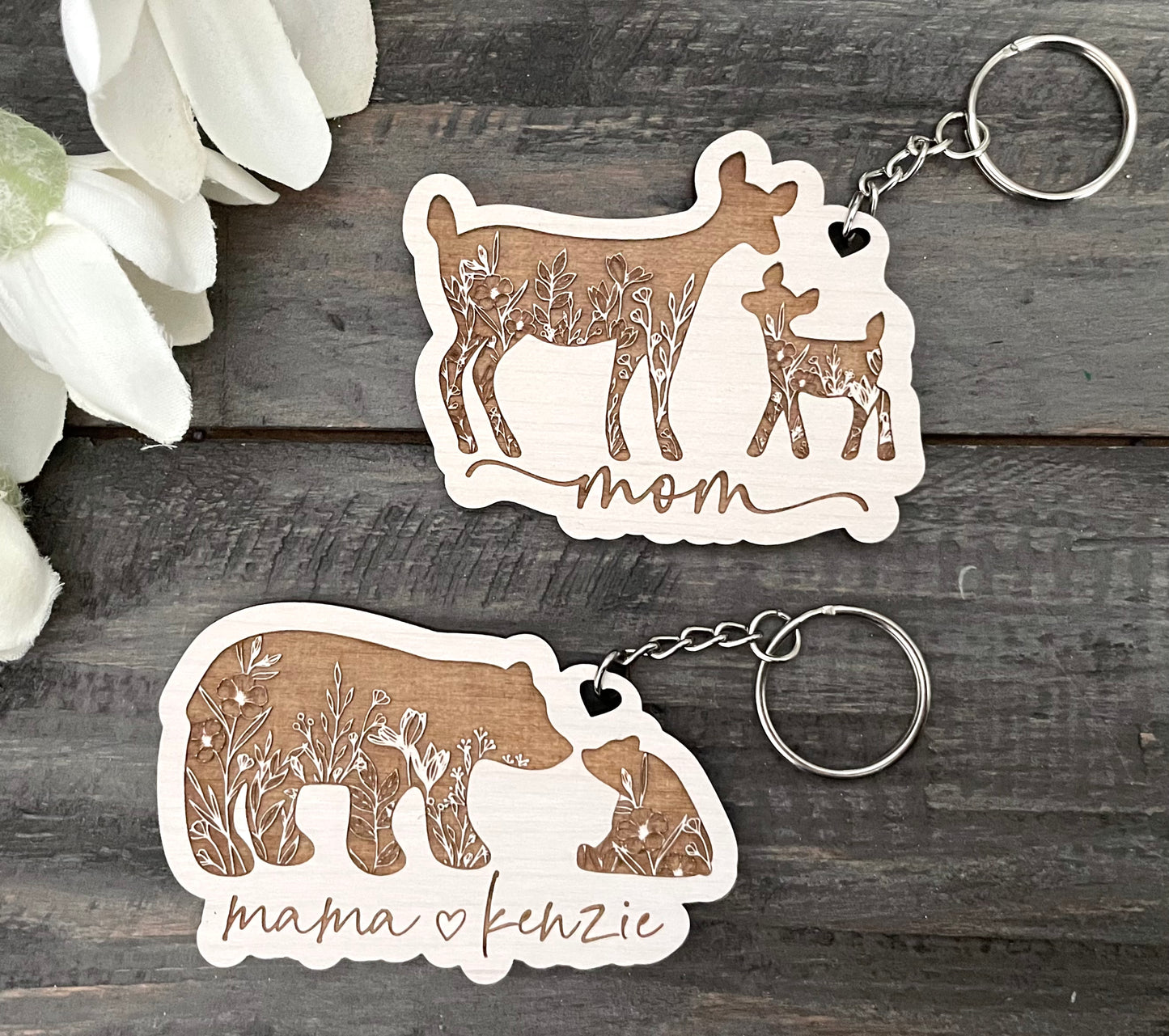 Wooden Keychains - Floral Silhouette Animals