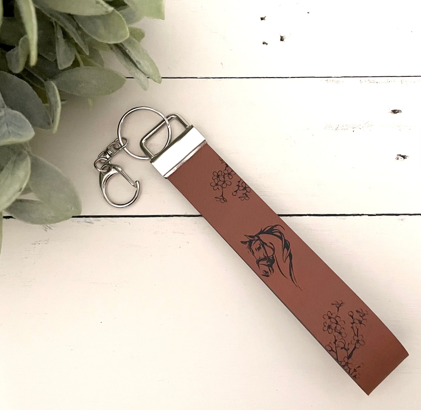 Leatherette Wristlet Key Fob Keychain - Floral Horse