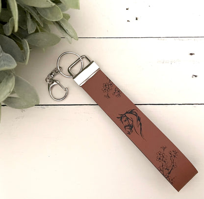 Leatherette Wristlet Key Fob Keychain - Floral Horse