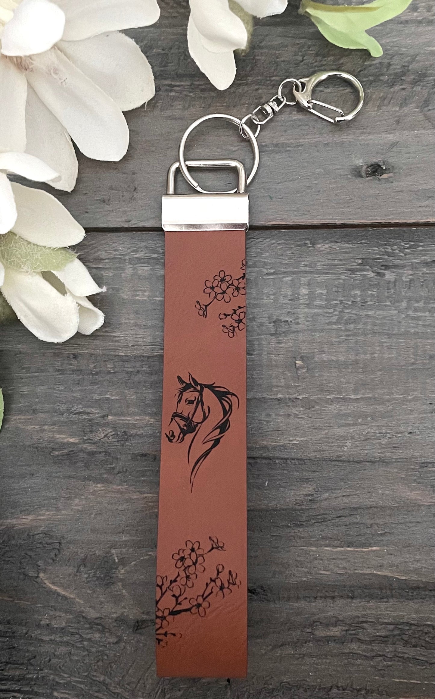 Leatherette Wristlet Key Fob Keychain - Floral Horse