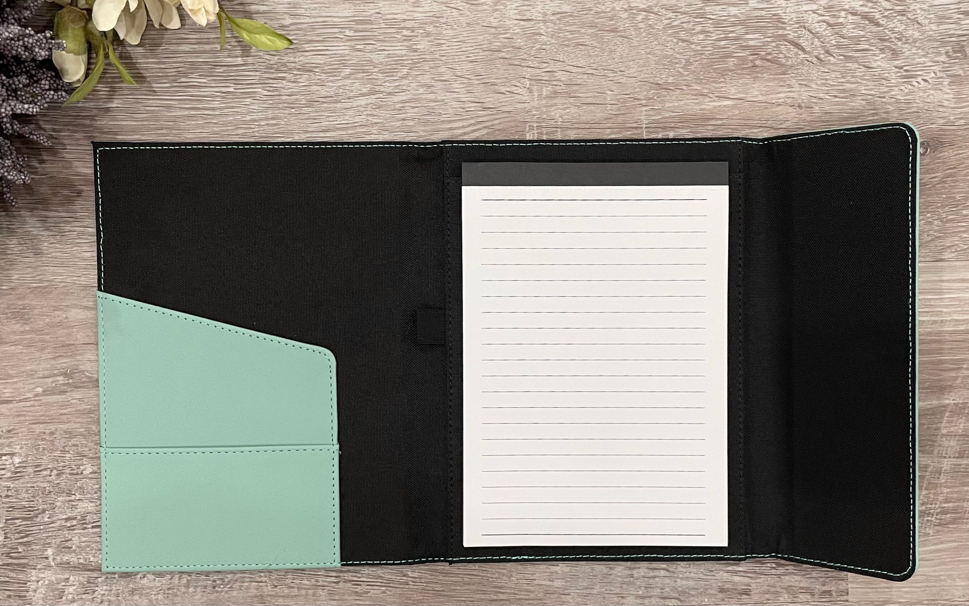 Inside canvas portfolio - removable notepad and pockets