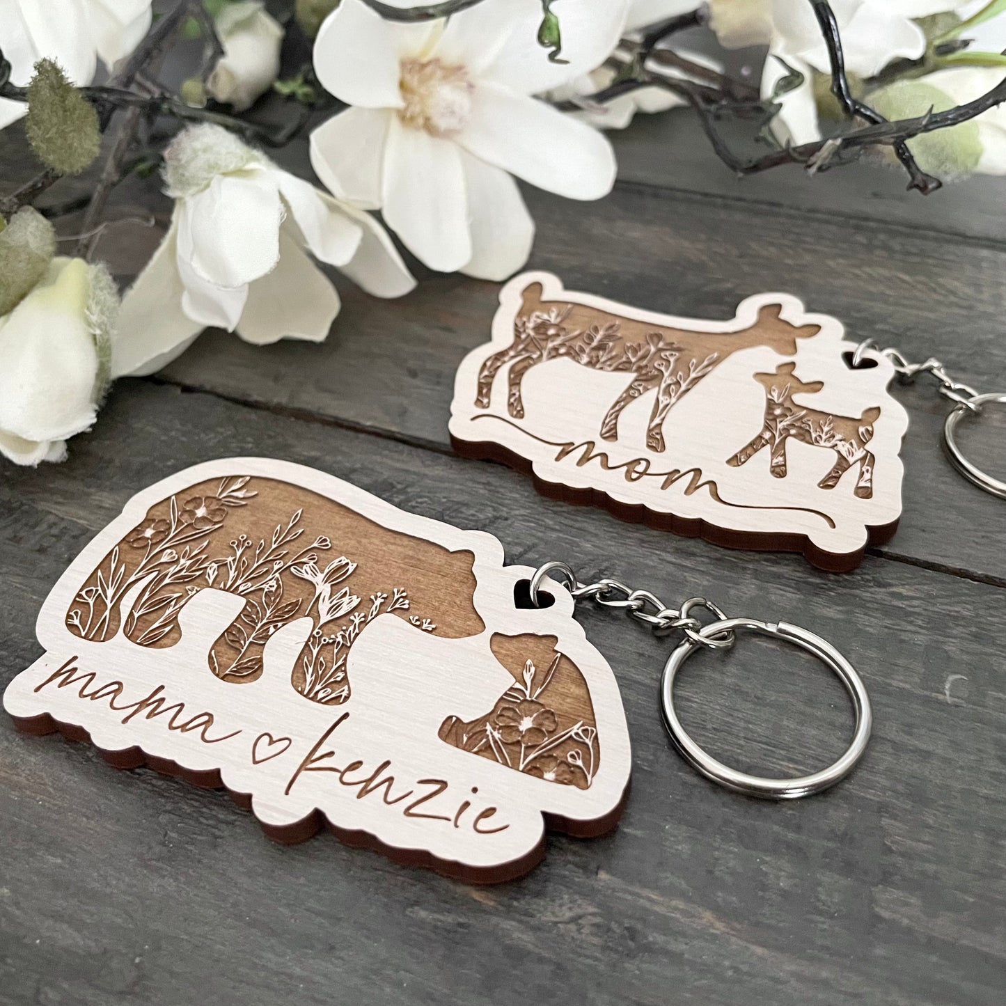 Wooden Keychains - Floral Silhouette Animals